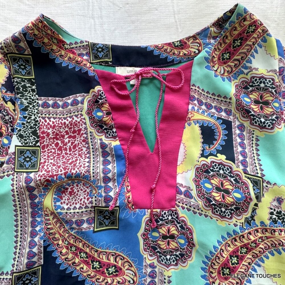 UMGEE Paisley Tunic Dress L Womens Boho Shift Colorful Knit Lined Flared Sleeve - Picture 2 of 12